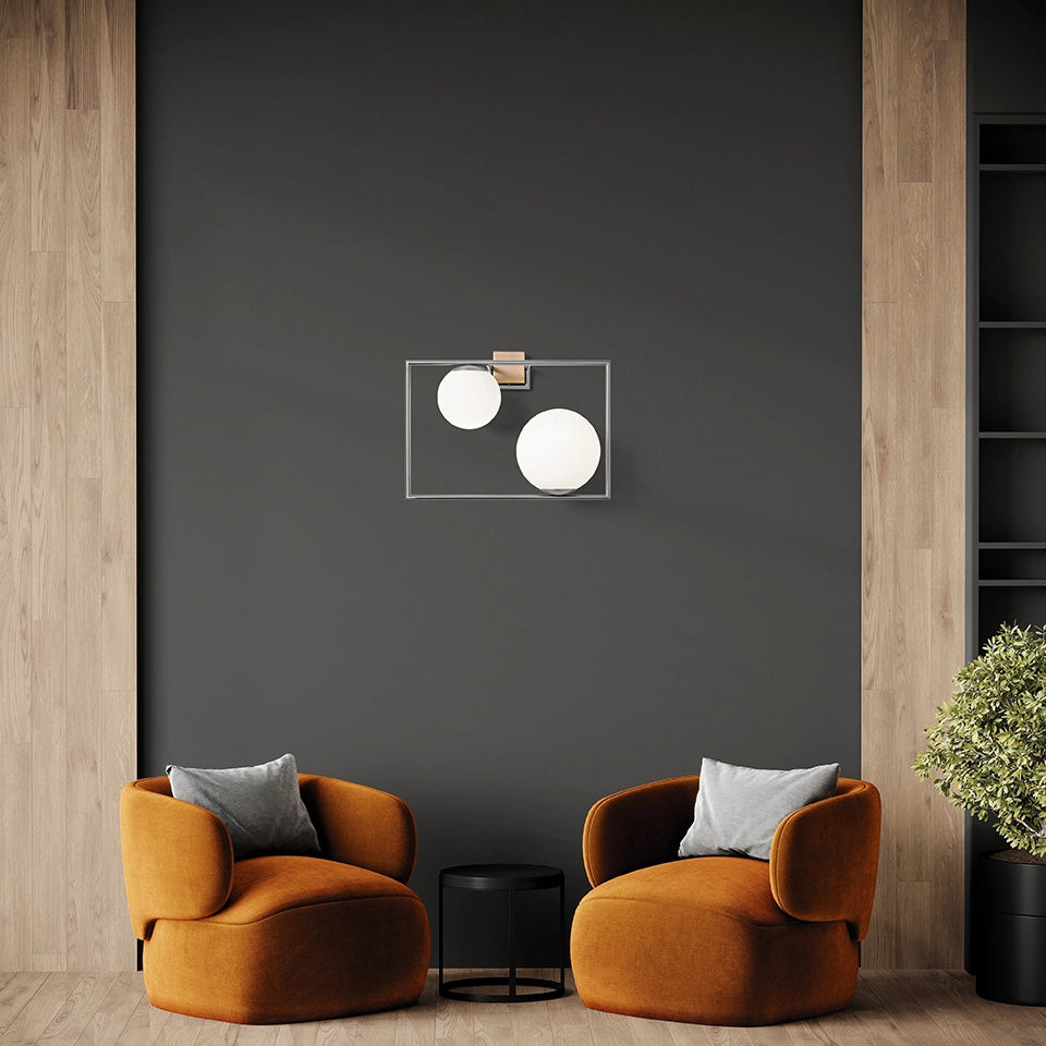 BUBLE APPLIQUE A PARETE 2 SFERE ACCIAIO SPAZZOLATO PARTICOLARI BRONZO ATTACCO E27