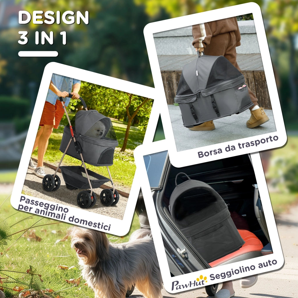 Passeggino per Cani 3 in 1 Pieghevole con Cestino Inferiore Grigio