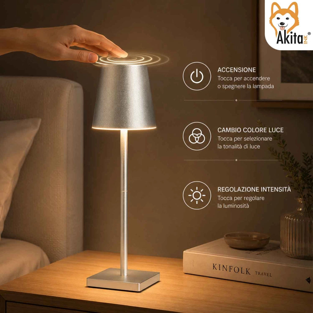 Akitaink Lampada da Tavolo LED Argento Ricaricabile
