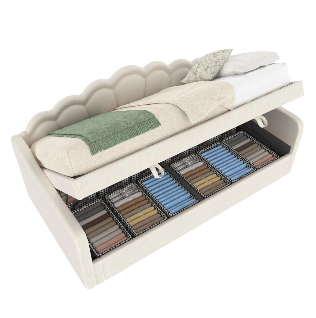 Letto a divano con contenitore 90x200 cm in velluto beige; con LED e sollevamento idraulico