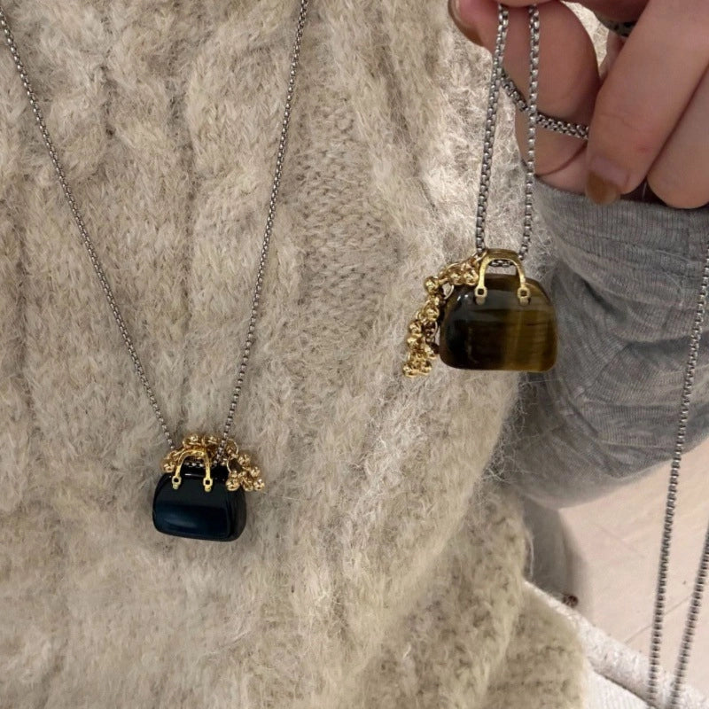 Borsa in ossidiana occhio di tigre naturale, collana con uva