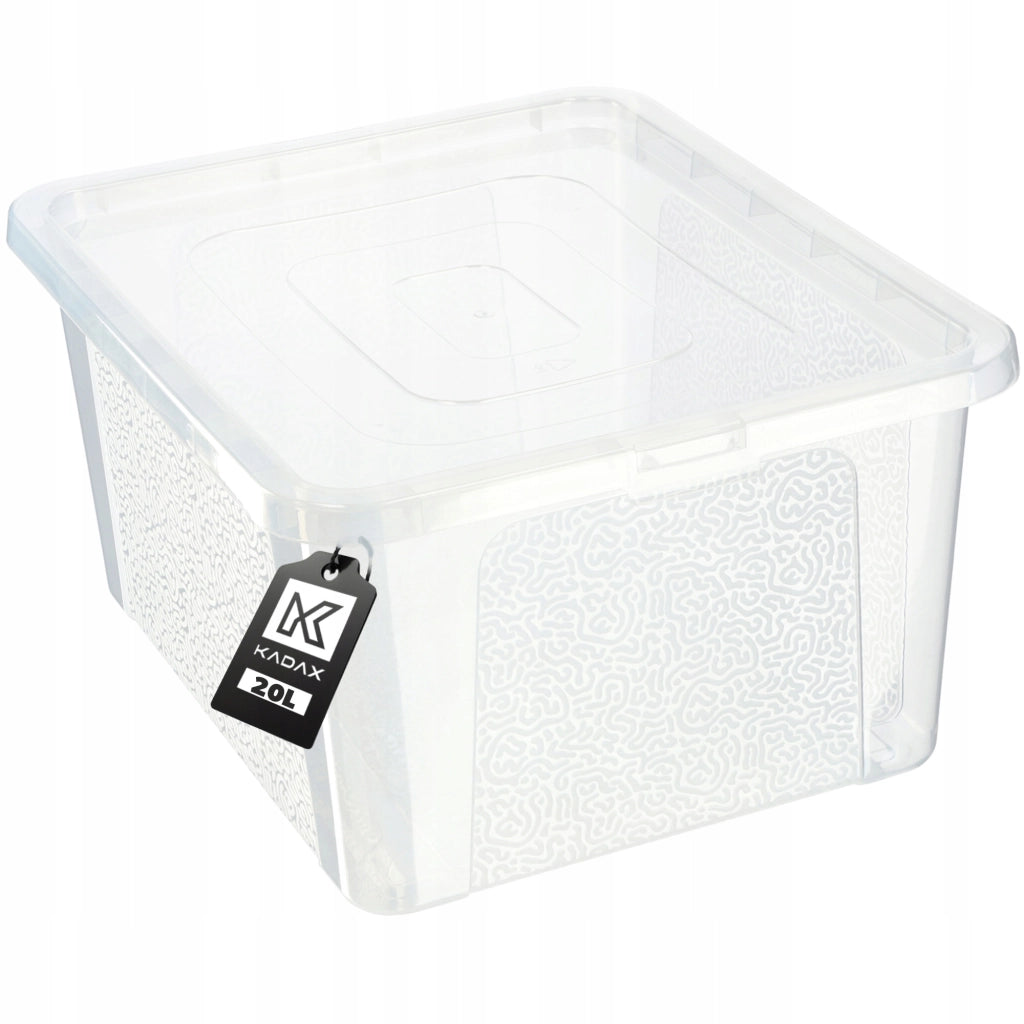 Contenitore in plastica KADAX da 20 litri con coperchio, trasparente e richiudibile, grande scatola