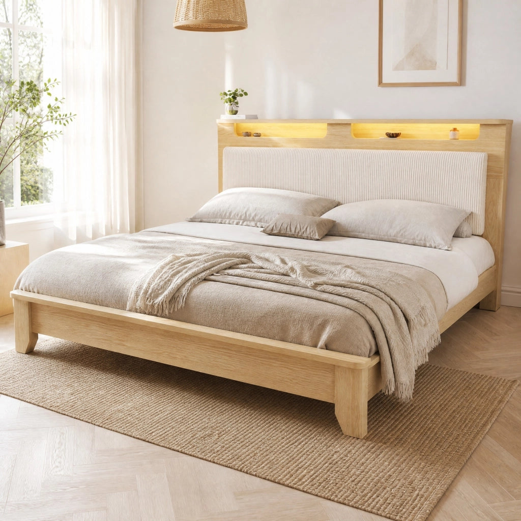 LETTO 140x200 cm con materasso incluso, LED, corduroy beige, effetto rovere