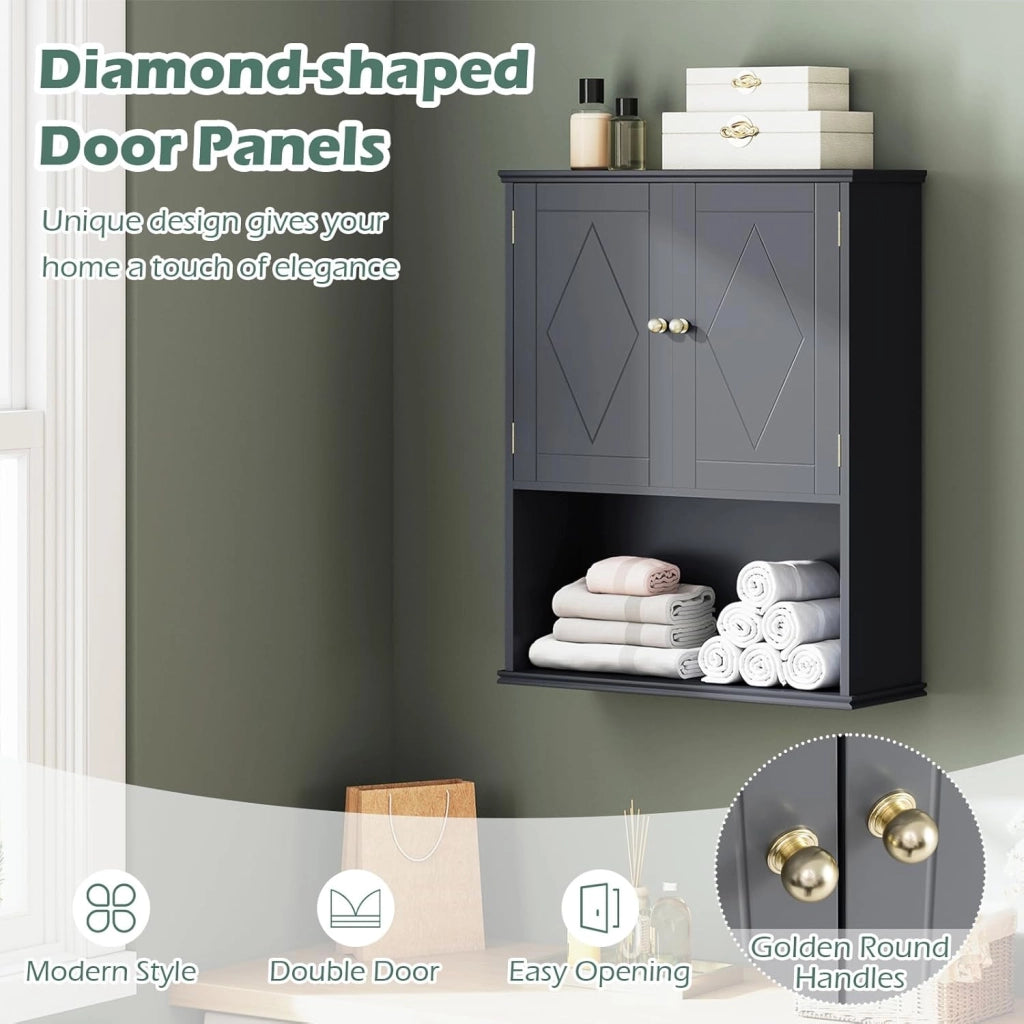 Mobile da Bagno, Armadietto a 2 Ante con Ripiano Regolabile, Armadio da Parete con Mensola Semi-aperta per Asciugamani, Prodotti per la Cura della Pelle e Articoli da Bagno (Grigio)