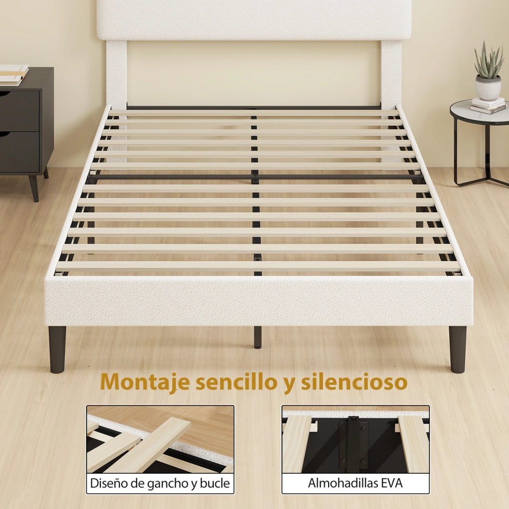 Letto Matrimoniale Imbottito con Testiera Regolabile in Altezza e Doghe di Legno ¨C Zephmum ¨C Bianco