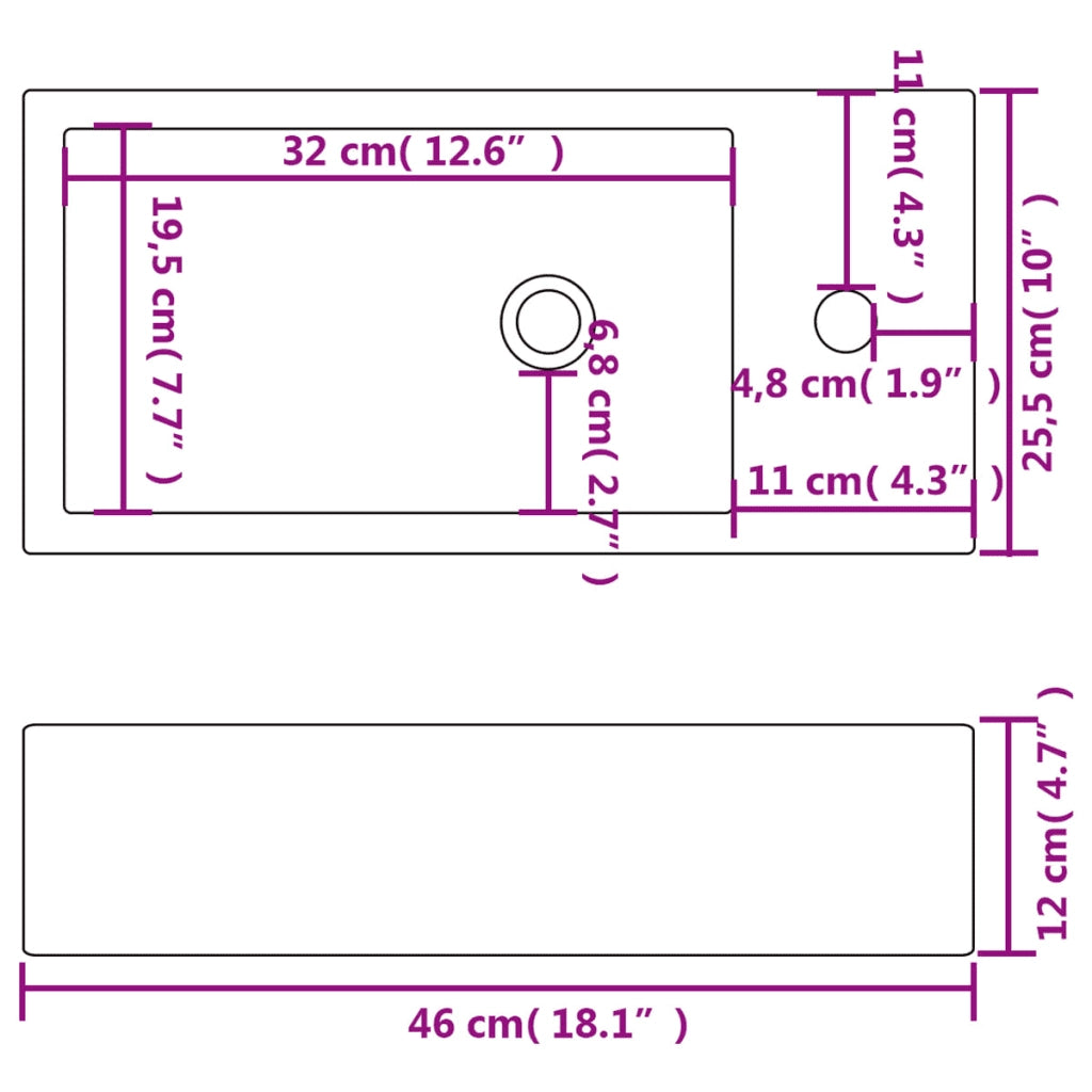 Lavandino con Foro Rubinetto Rettangolare Ceramica 46x25,5x12cm 142343