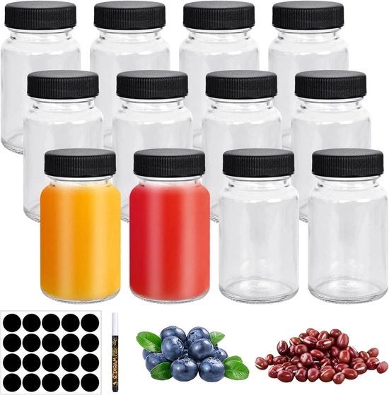 Set di bicchieri in vetro trasparente con coperchi - 12 pezzi - 60 ml - Imbottigliamento a prova di fuga - Mini bicchieri per shot di zenzero - inclusi 24 etichette e pennarelli - per succo e spezie