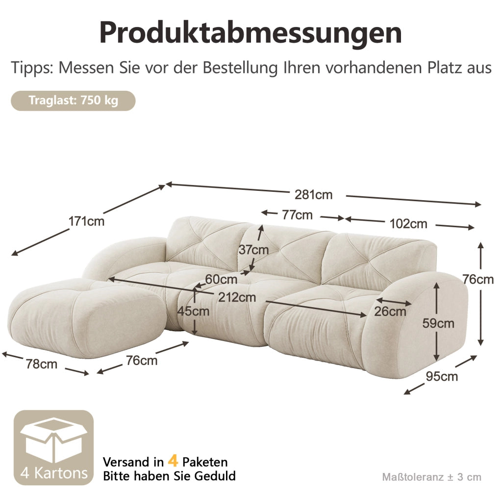 Divano modulare ad angolo in chenille; imbottitura in schiuma 32D; beige chiaro