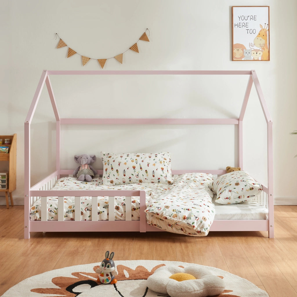 Letto Piazza e Mezza Hesel per Cameretta Forma di Casetta con Materasso 120 x 200 cm Rosa [en.casa]