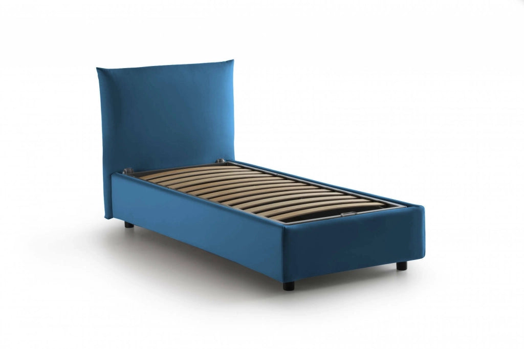Letto singolo Astianatte, Letto contenitore con rivestimento in tessuto, 100% Made in Italy, Apertura laterale, con materasso Cm 80x190 incluso, Blu