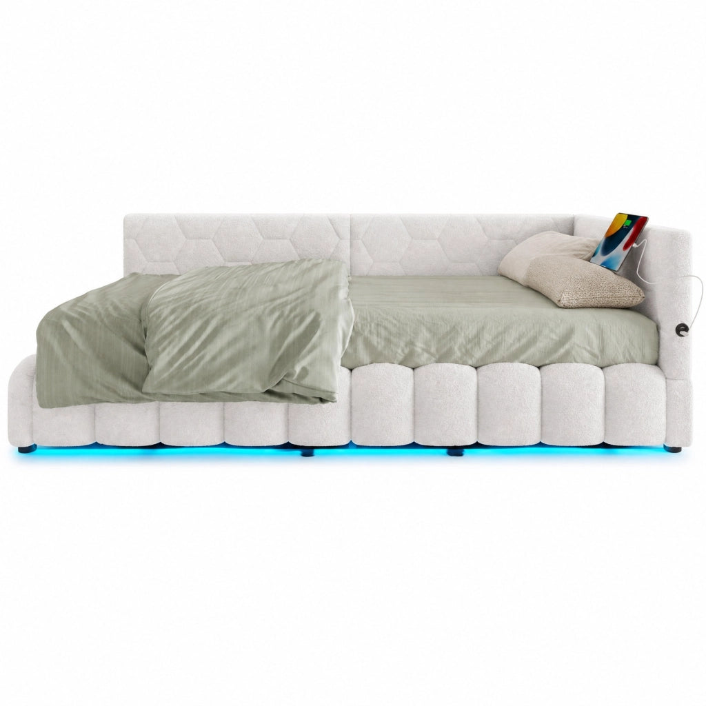 Letto daybed 90x200 cm con rete a doghe, contenitore idraulico, LED, USB e Type-C, senza materasso, bianco