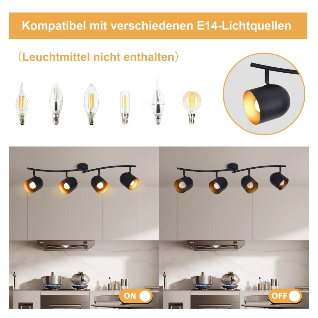 ZMH Faretto da soffitto 4 fiamme nero oro E14 lampada da soffitto girevole 350° soggiorno