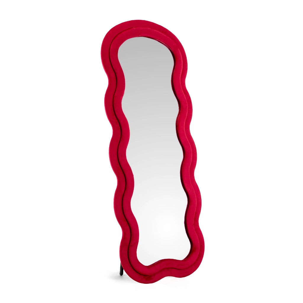 Specchiera da Terra 170x70 cm Design Ondulato Rivestita in Velluto con Supporto in Metallo Specchio Figura Intera Moderno per Camera da Letto Soggiorno Cabina Armadio Rosso