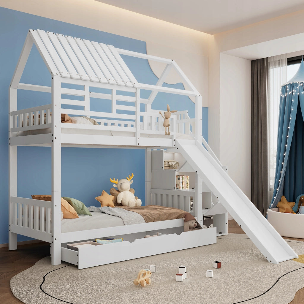 Letto a castello per bambini - Xylo - 90x200cm - Bianco - Scivolo