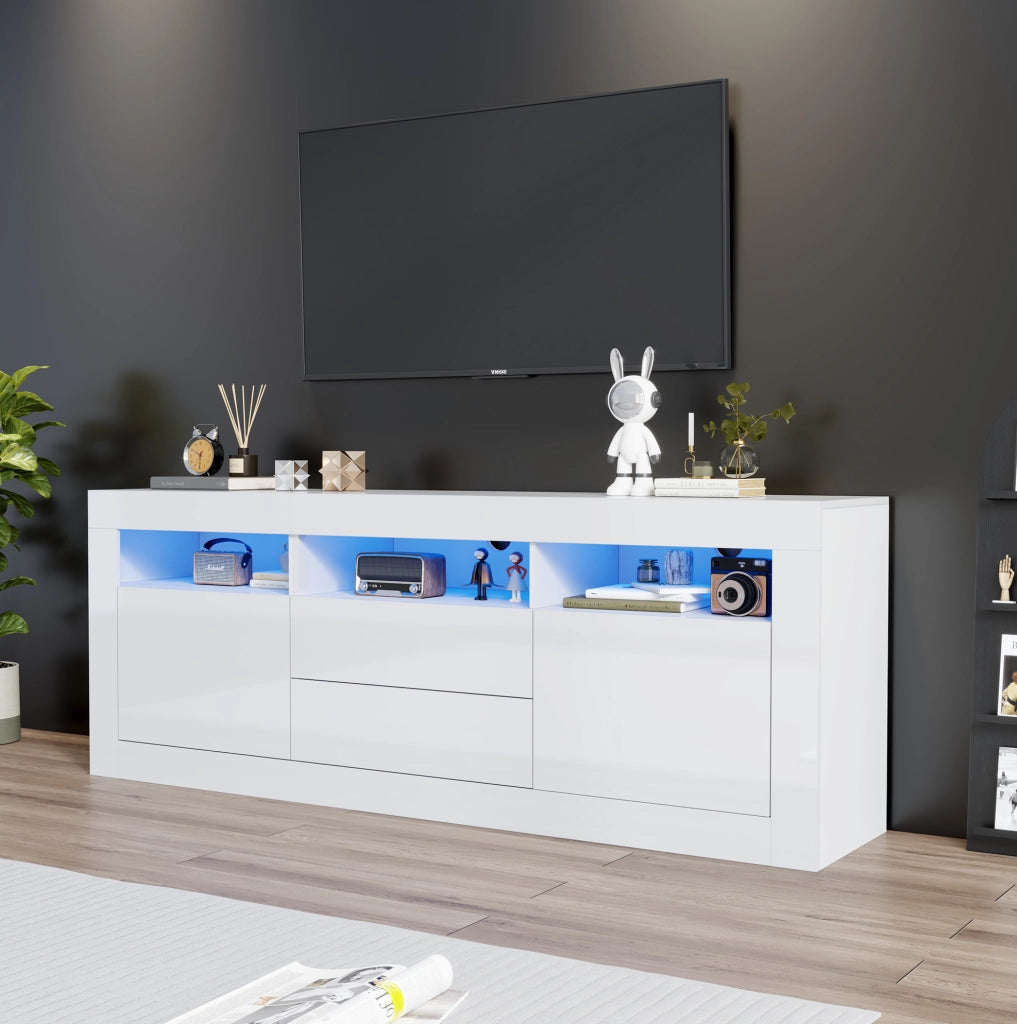 Mobile TV bianco lucido con LED, 2 ante e 2 cassetti