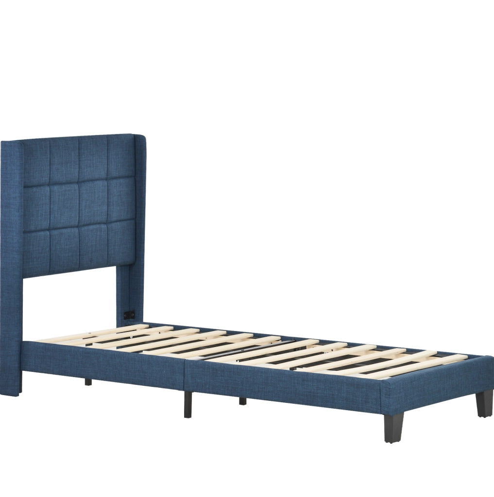 Letto singolo imbottito 90x200 cm in lino blu con testiera alta; rete a doghe e materasso