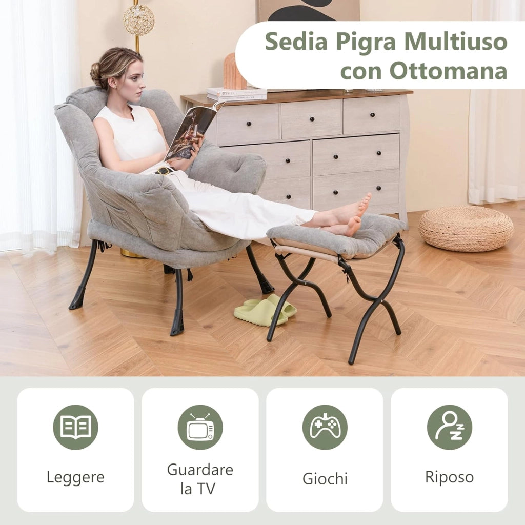 Poltrona Relax, Poltrona da Lettura con Cuscino per Testa, Sedia da Salotto con Poggiapiedi Pieghevole, Tasca Laterale, per Soggiorno, Camera da Letto, Portata 136 kg