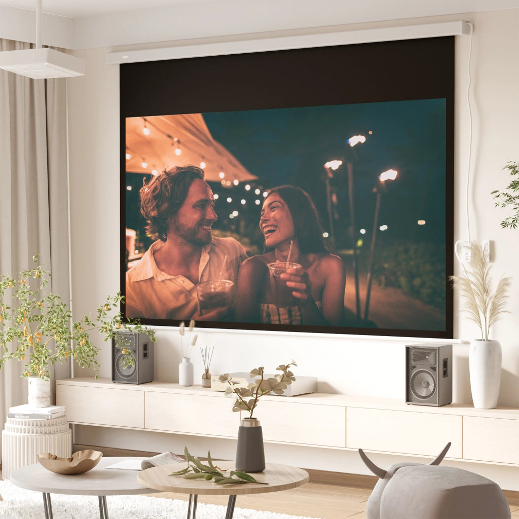Telo Proiettore 100 Pollici con Telecomando. in PVC e Metallo. 247x7.5x168 cm. Bianco