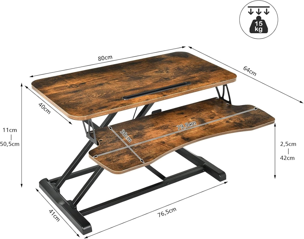 Convertitore da Scrivania, PC Convertitore Seduto-in Piedi, Regolabile in Altezza tra 11-50,5 cm, 2 Ripiani per Schermi di Computer, Tastiere e Laptop, Marrone