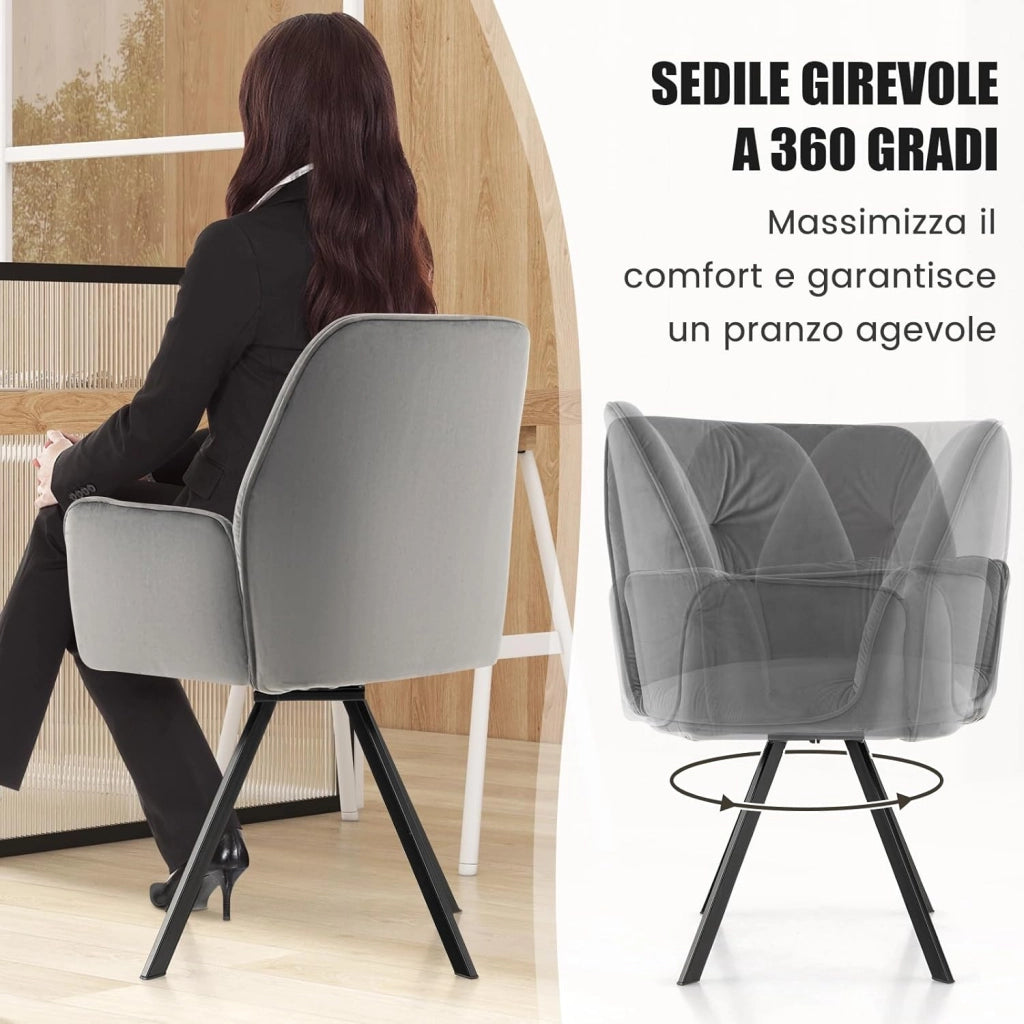 Set di 2 Sedia da Scrivania in Velluto, Poltrona Girevole a 360° con Gambe in Metallo e Piedini Antiscivolo, Schienale Largo e Braccioli Ergonomici, per Camera da Letto, Studio, Soggiorno