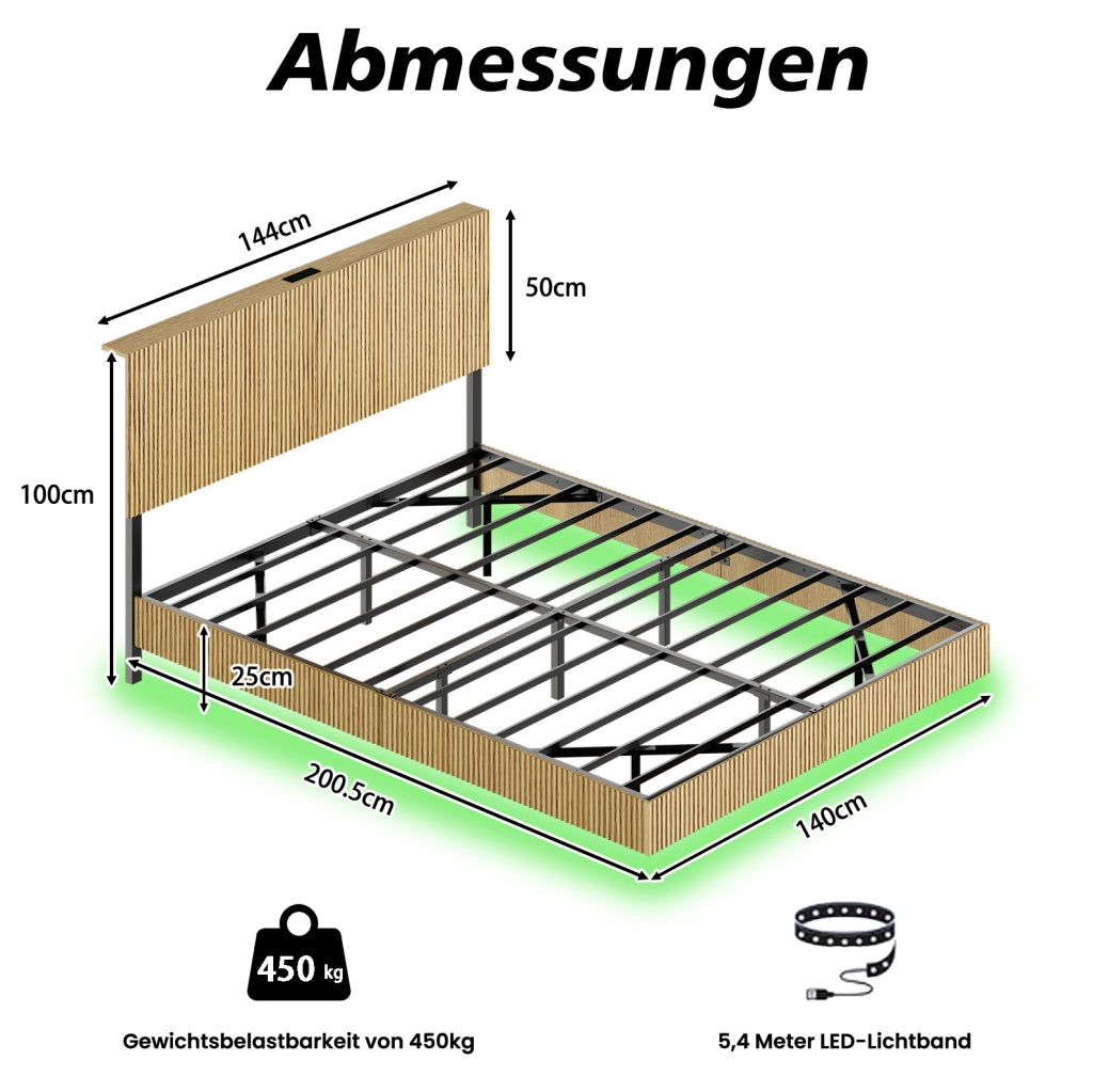 Letto 210.5x144x99.7 cm con design sospeso; testiera con presa e LED RGB; metallo e pannello truciolare; naturale