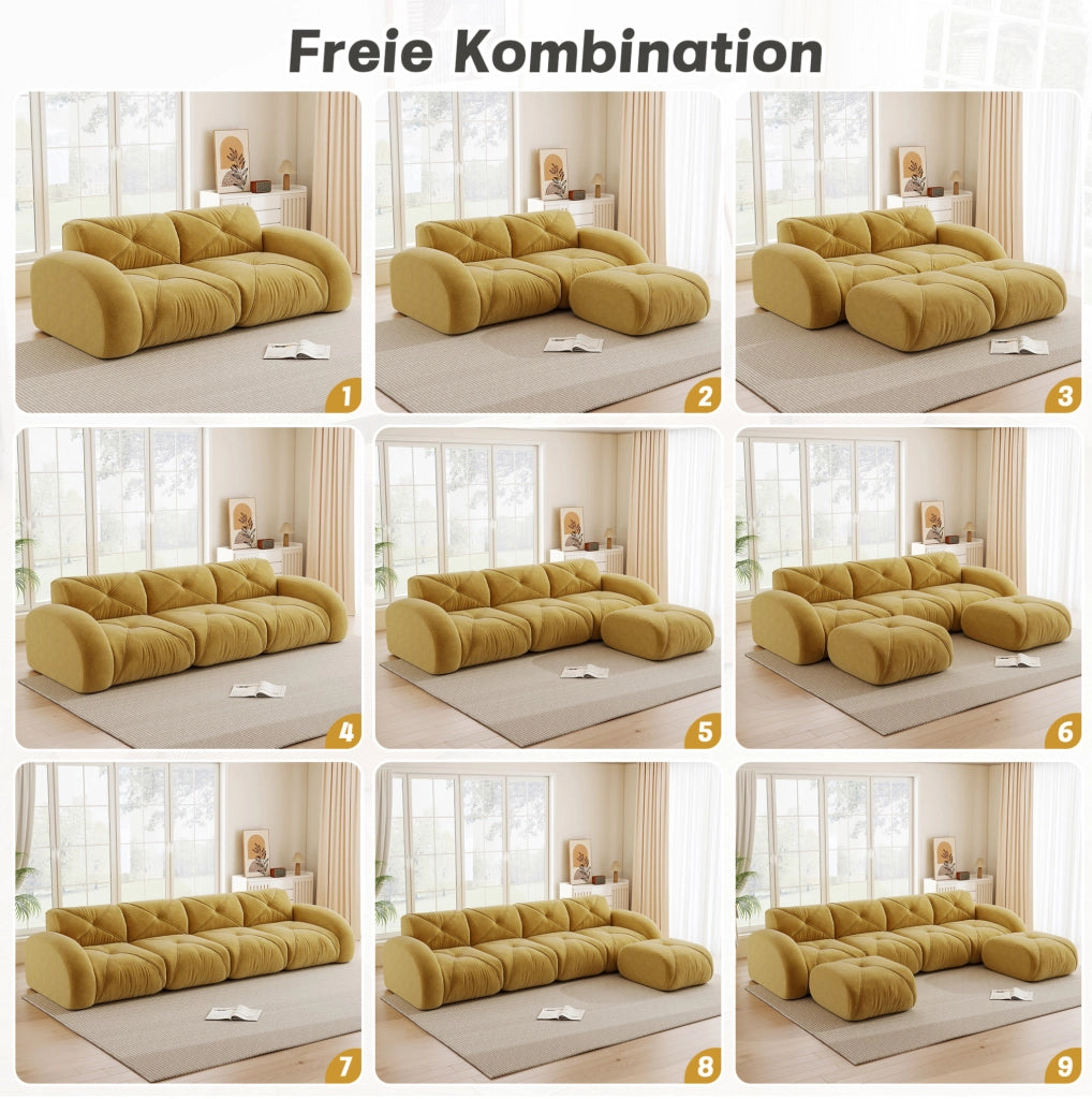 Divano modulare a U 358x171x76 cm in chenille gialla; 4 posti; design senza telaio