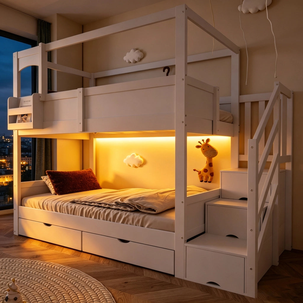Letto a castello 2 posti con ripiano removibile; lavagna; 2 cassetti; senza materasso; in legno; bianco