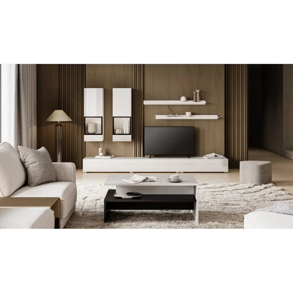 Composizione murale RAMOS – Colore bianco lucido – LED multicolori, mobile TV XL, vetrine e scaffali