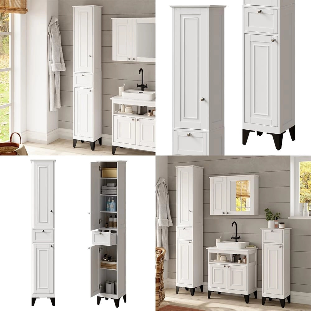 Mobile alto Vanity, Bianco, 32 x 175 cm, per la conservazione di articoli da bagno e asciugamani