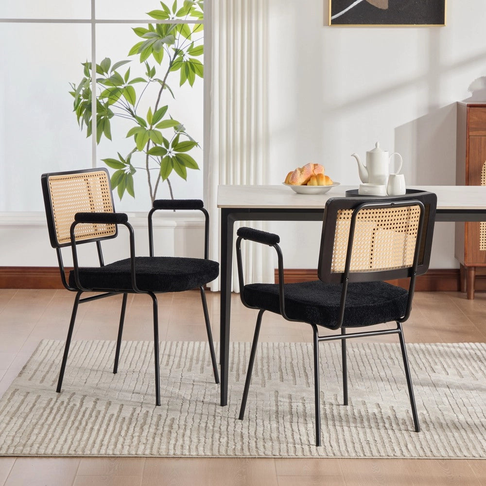 Sedia da Pranzo con Braccioli ¨C MINIMAL ¨C Set 2, Velluto Chenille, Gambe Metallo, Schienale Legno Massello, Effetto Rattan, Nero