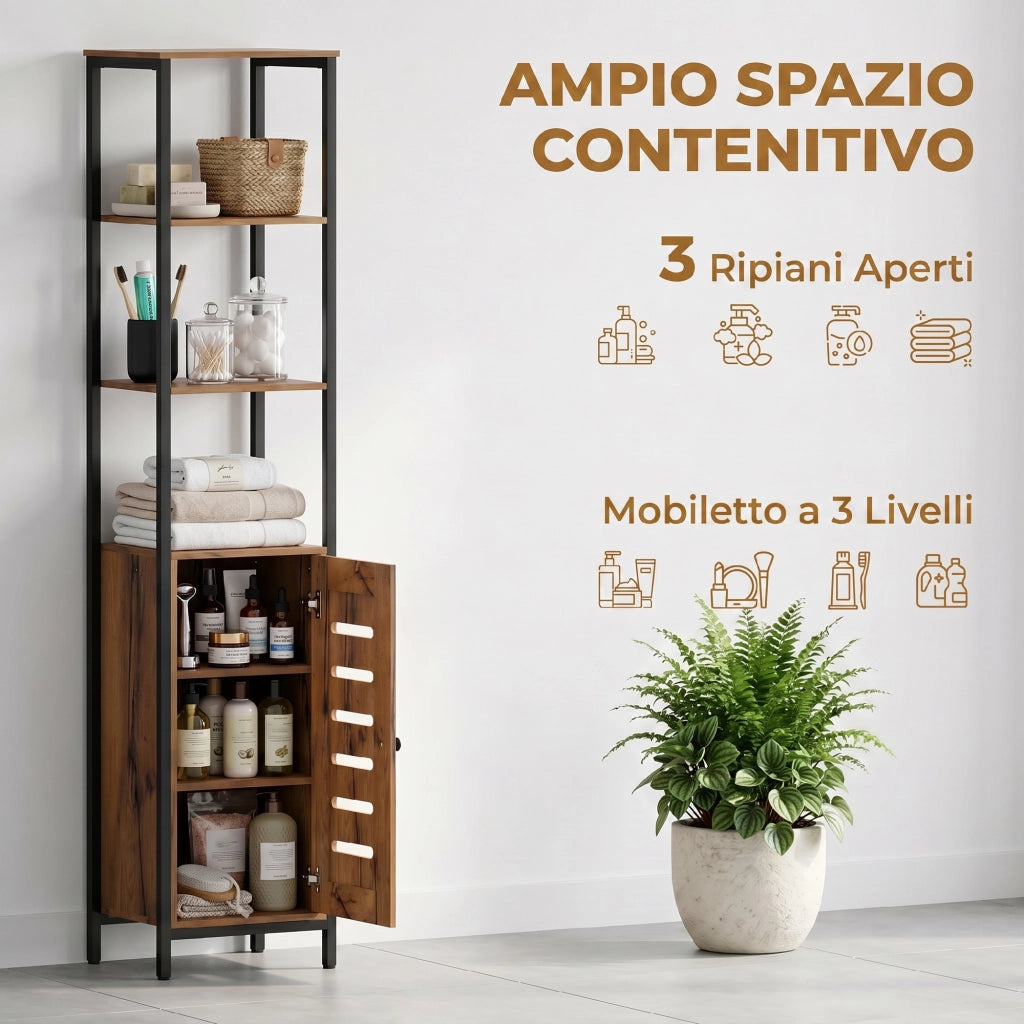 Mobile da Bagno a Colonna 37x30x167 cm Salvaspazio con Ante Soft Close a Persiana 3 Ripiani Aperti Struttura in Acciaio