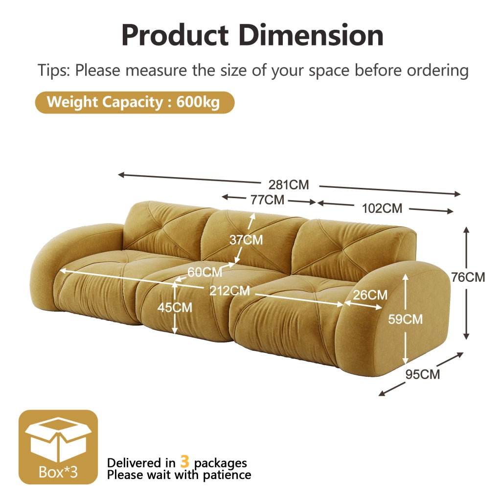 Divano modulare a tre posti in chenille senza montaggio con schiuma 32D e design senza struttura giallo