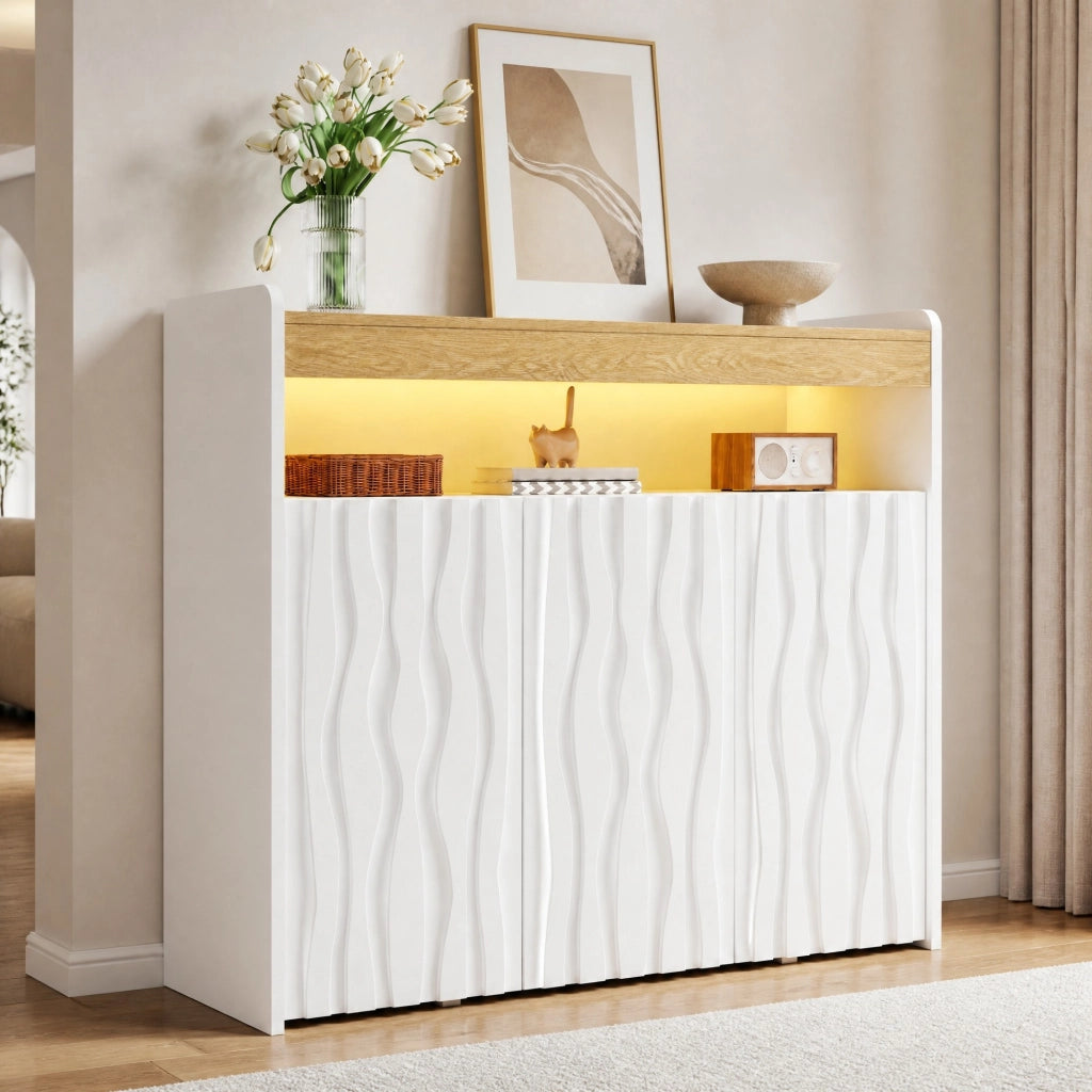 Sideboard moderno con 3 porte, LED integrato e ripiani regolabili, bianco e naturale, 105 x 33,5 x 76 cm