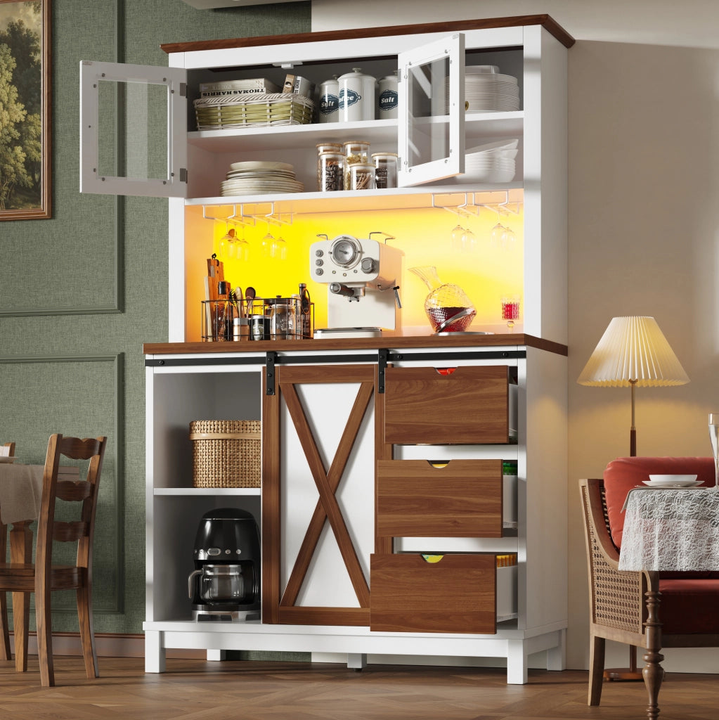 Credenza alta 104x40x180 cm bianca in MDF， metallo e vetro con LED