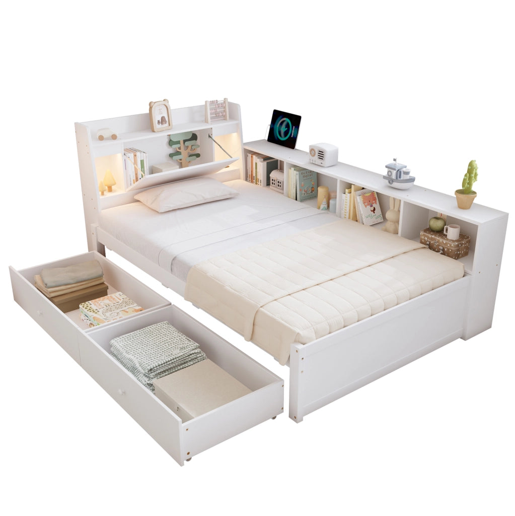 Letto singolo 90x200 cm con testiera con ripiano; cassetti e prese in legno bianco
