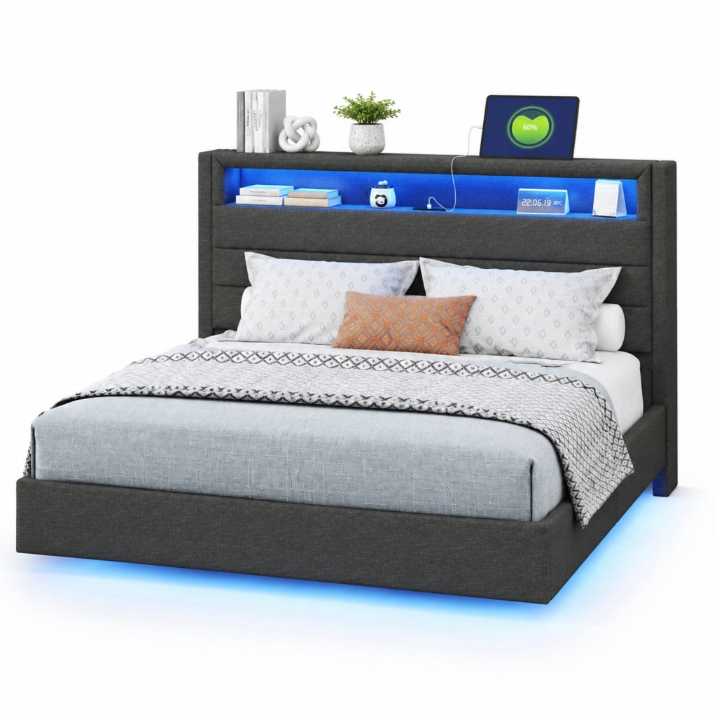Letto matrimoniale imbottito 140x200 cm con USB; LED e testiera ribaltabile; grigio