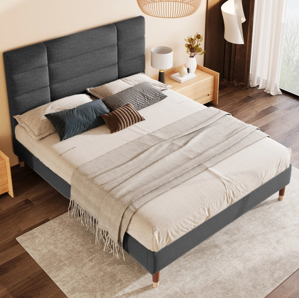 Letto imbottito 140x200 cm con testiera e rete a doghe, grigio