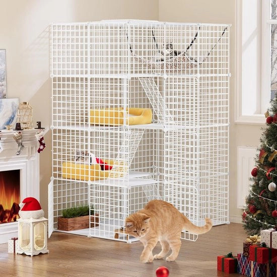 Casa per Gatti - Casetta per Gatti - Recinto per Gatti per Interno e Esterno - Rifugio per Gatti - Gabbia per Gatti - Abitazione per Gatti - Recinzione per Gatti - Casetta per Gatti - Bianca - 107 x 72 x 142 cm