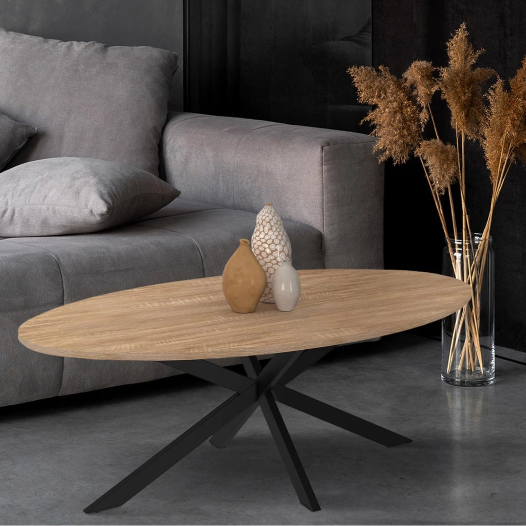 Mesa de centro ovalada ALIX con pata de madera y araña negra