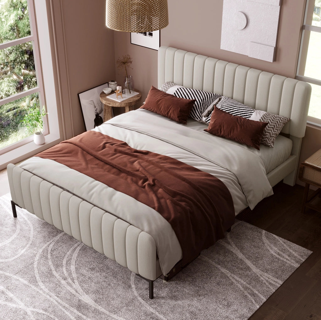Letto matrimoniale 140x200 cm; testiera regolabile; lino; grigio-beige (Senza materasso)