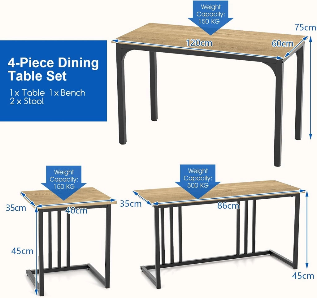 Set tavolo e sedia da pranzo 4 pezzi, tavolo da cucina 4 persone 120 x 60 x 75 con 1 panca e 2 sgabelli, struttura in metallo, per sala da pranzo, soggiorno, caffè (naturale)