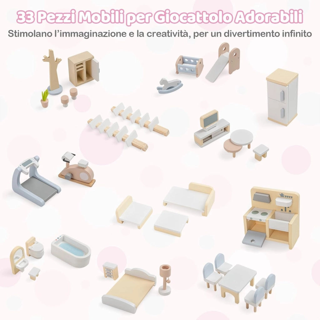 Casa delle Bambole in Legno, Casa Bambole con 4 Piani, 6 Stanze, Terrazza, Piscina e Scale, Casetta Giocattolo Educativo con 33 Mobili Accessori, per Bambini 3+ Anni, 63 x 25 x 78 cm (Rose)