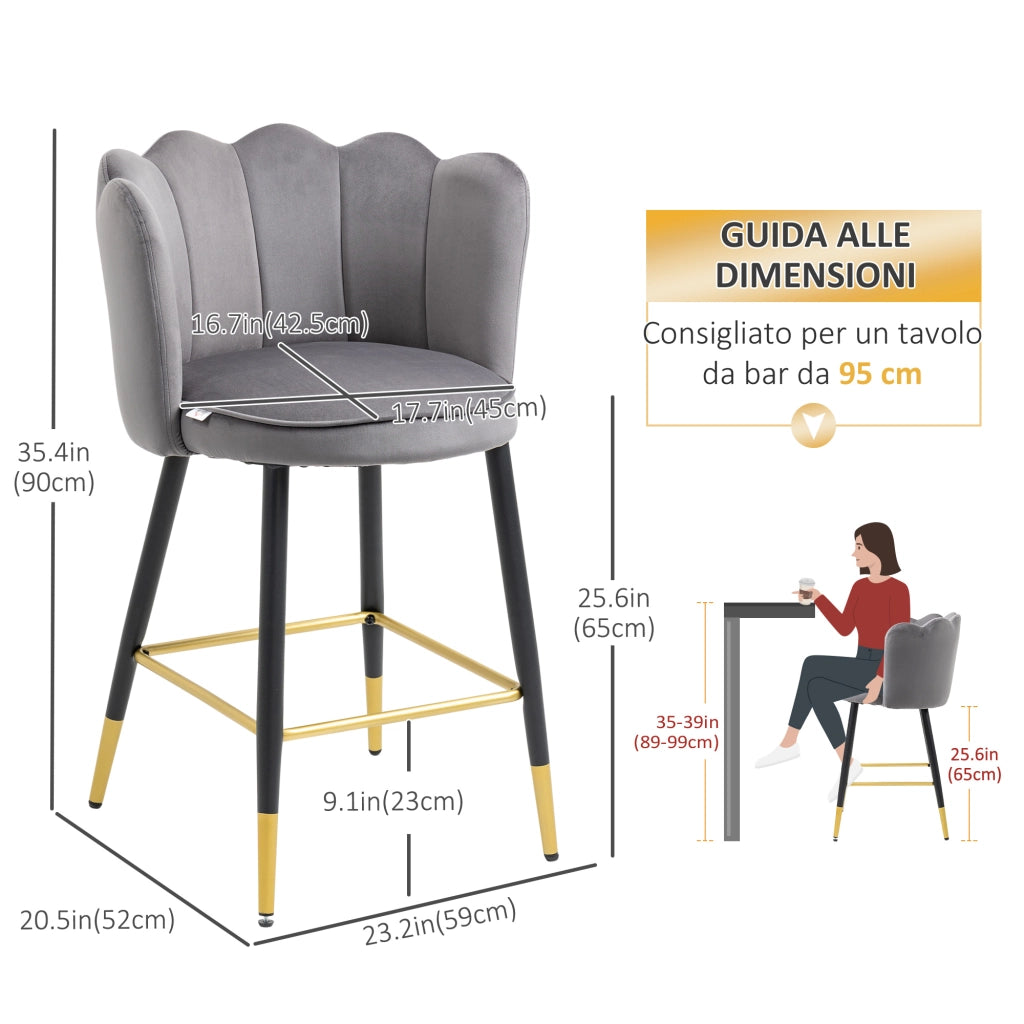 EasyComfort Set da 2 Sgabelli da Bar Vellutati con Poggiapiedi e Base in acciaio, 59x52x90cm, Grigio