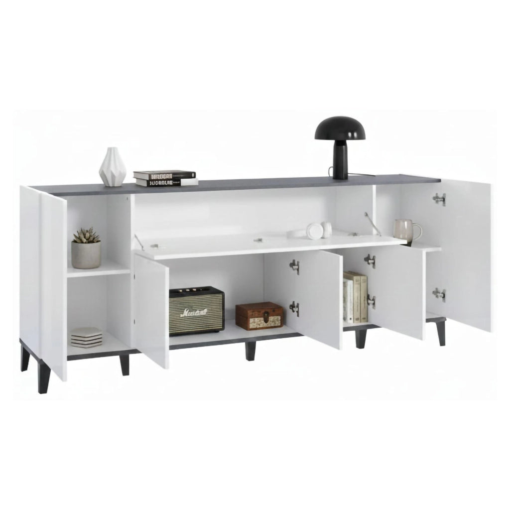 Credenza moderna a 6 Amour, Made in Italy, Madia da cucina rialzata, Buffet di design da soggiorno, Cm 200x40h82, Bianco lucido e Ardesia
