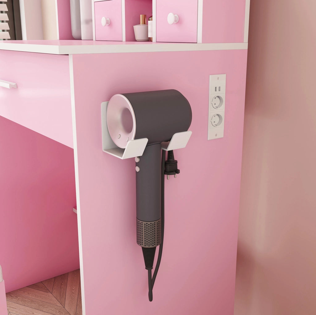 Tavolo da trucco con specchio LED a 3 tonalità; presa e supporto phon; rosa; 60 x 38 x 131;5 cm