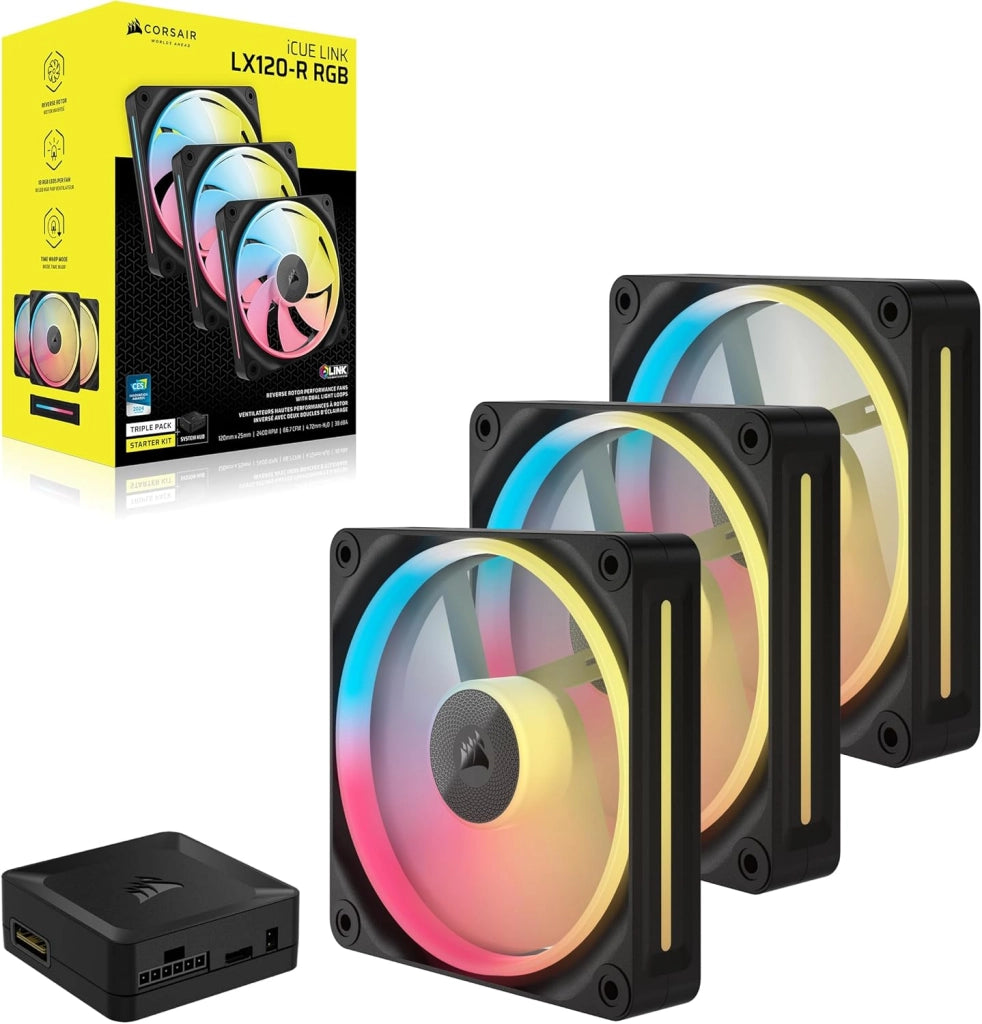 iCUE LINK LX120-R RGB 120mm Ventole PWM Invertite – Kit Tripla Ventola – Basso Rumore, CORSAIR Cuscinetto Magnetico a Cupola, Doppio Anello Luminoso, Viti QuikTurn™, Modalità Zero RPM – Nero
