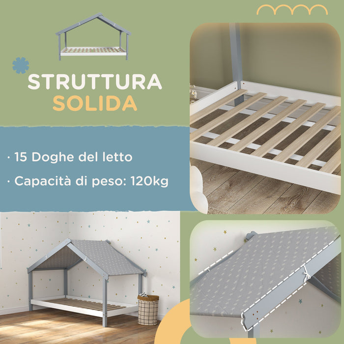 Letto Singolo per Bambini Casetta Tetto Stellato in Tessuto 213x100x140 cm Grigio
