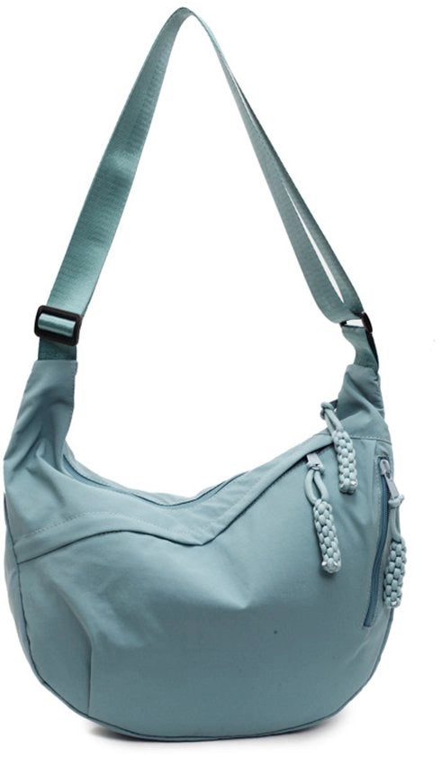 Borsa a spalla con cinturino regolabile, chiusura a zip e struttura a doppia pelle con due taschini esterni e uno per laptop. Realizzato in canapa, è adatto per viaggi, scuola e shopping. (Blu)