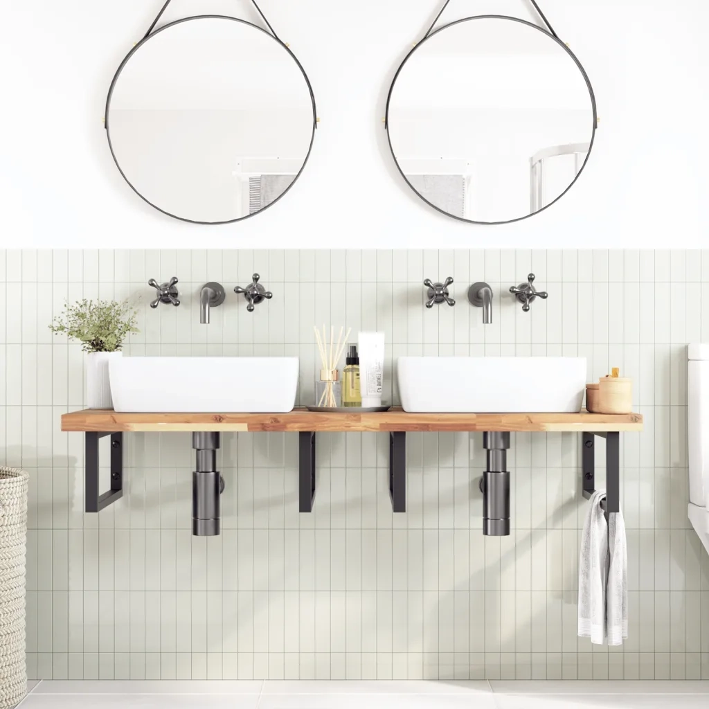vidaXL Ripiano a Parete per Lavabo in Acciaio e Massello di Acacia