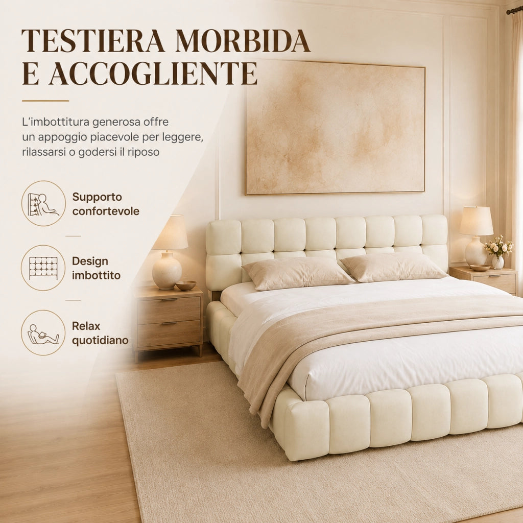 Letto matrimoniale imbottito lino beige 160x200 cm, testiera morbida a pannelli, struttura robusta, design moderno per camera da letto